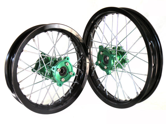 Black Rim Green Hub 14" Front 12" Rear Wheel Set