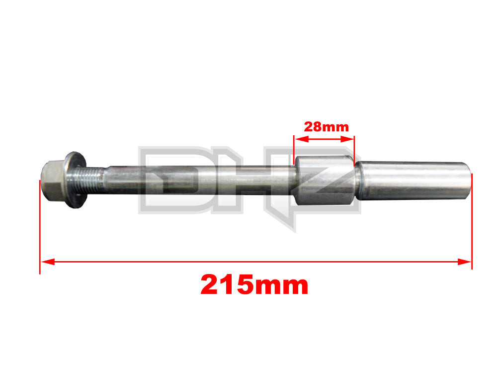 HD High Tensile 15mm Front Taper Axle, 215mm Long, Spacer 28mm